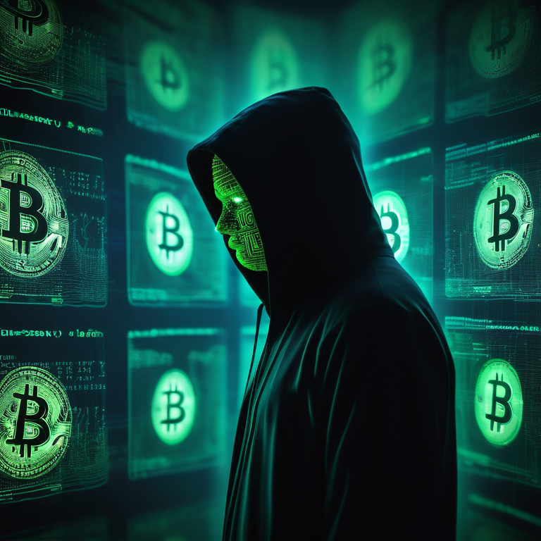 Mysterious figure surrounded by screens with Bitcoin imagery, evoking a secretive and high-tech atmosphere.