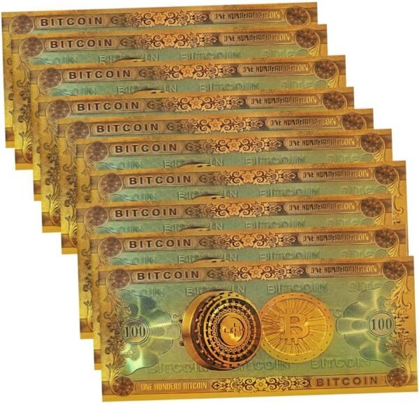 10pc Gold Plated Bitcoin Bills, Color Gold Color Foil 100 Bitcoin Banknote BTC Bills Souvenir Banknotes for Collection - Image 2
